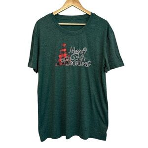 NEW Women's XL Green Plaid "Merry Christmas" Tree Holiday Cotton Blend T-Shirt